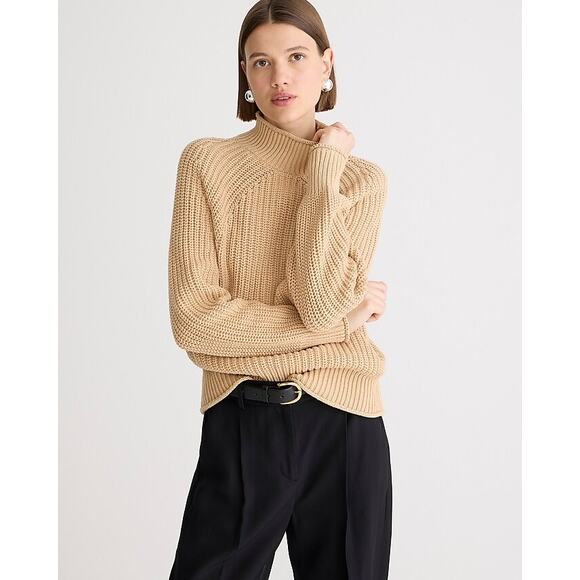 NEW J Crew Relaxed Rollneck Fisherman Sweater in Tan